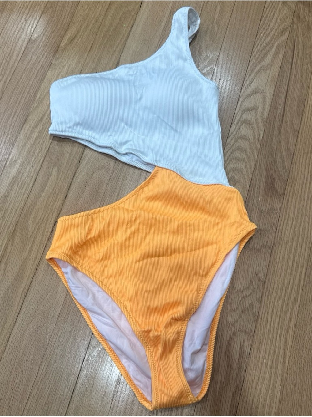 Cupshe White and Orange Ribbed One-Shoulder Kids One-Piece